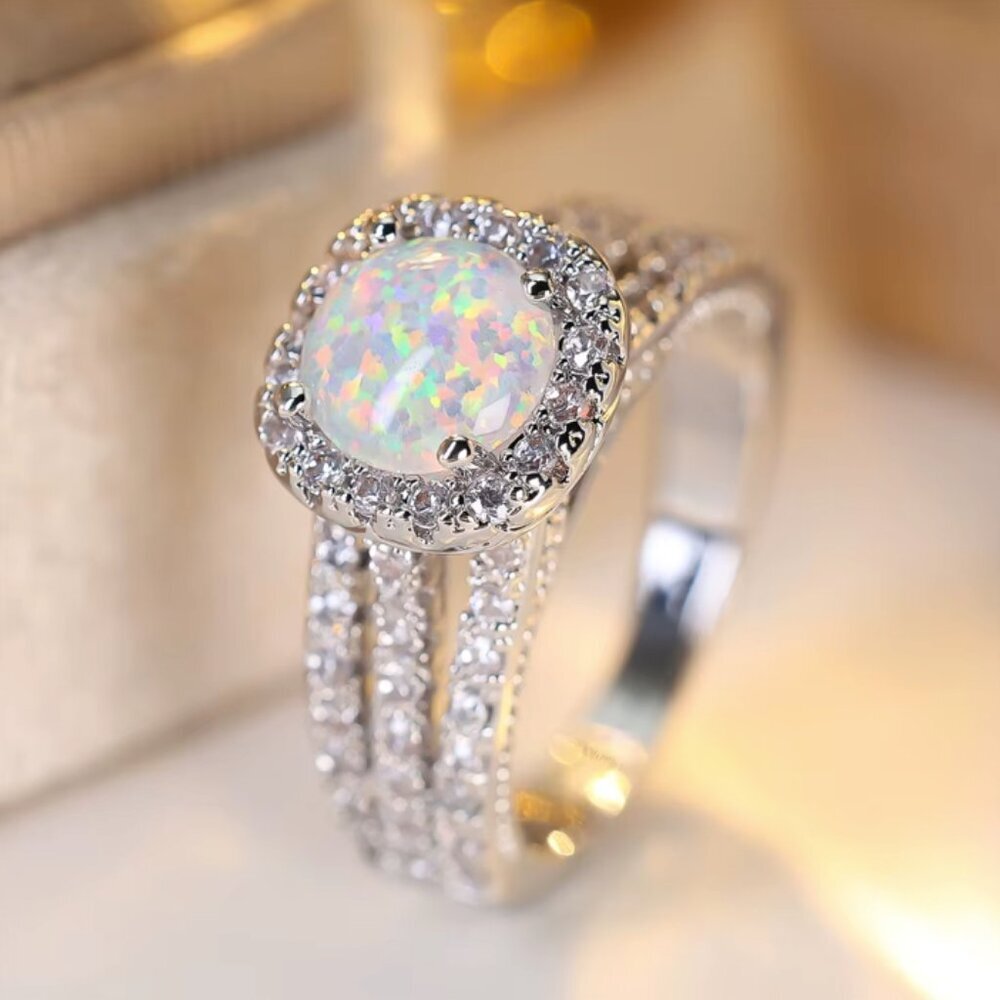 NEW 14k White Gold Opal Ring Band Round Cut